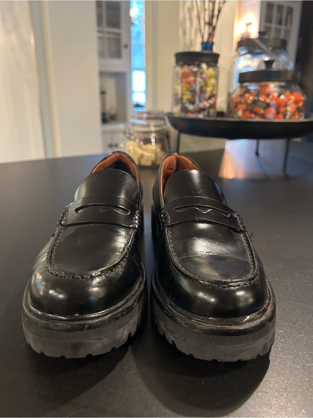 Reformation Black Leather Lug Sole Penny Loafers